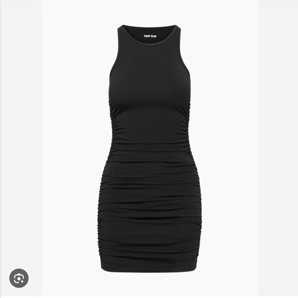 Aritzia Malibu Chill Dress Stretch Cotton Jersey Ruched Mini Bodycon Black Small - Picture 3 of 8